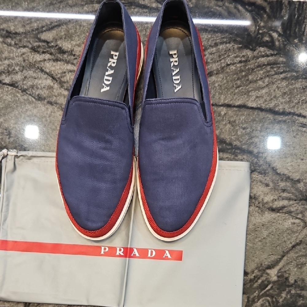 Prada Blue and Red Slip-On Loafers with Sporty Red Stripe 8.5 US size 7.5 Eu